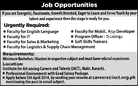 Institute of Advancing Careers & Talents (iACT) Malir Karachi Jobs 2014 March / April for Teaching Faculty