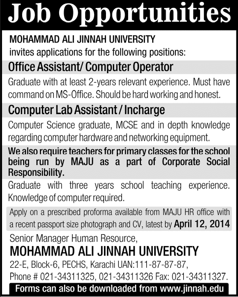 MAJU Karachi Jobs 2014 March / April for Office Assistant & Computer Lab Assistant / Incharge