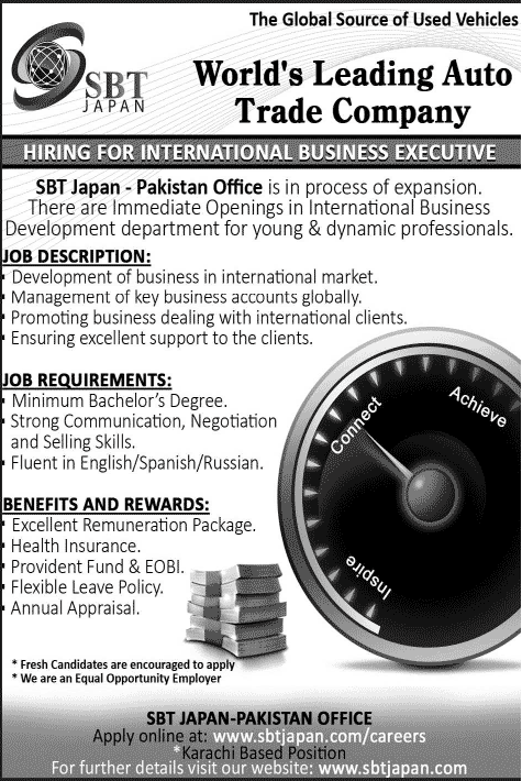 SBT Japan Pakistan Office Jobs 2014 March / April for International Business Executive