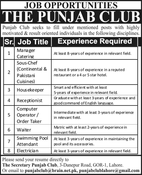 The Punjab Club Jobs 2014 March / April Latest Advertisement