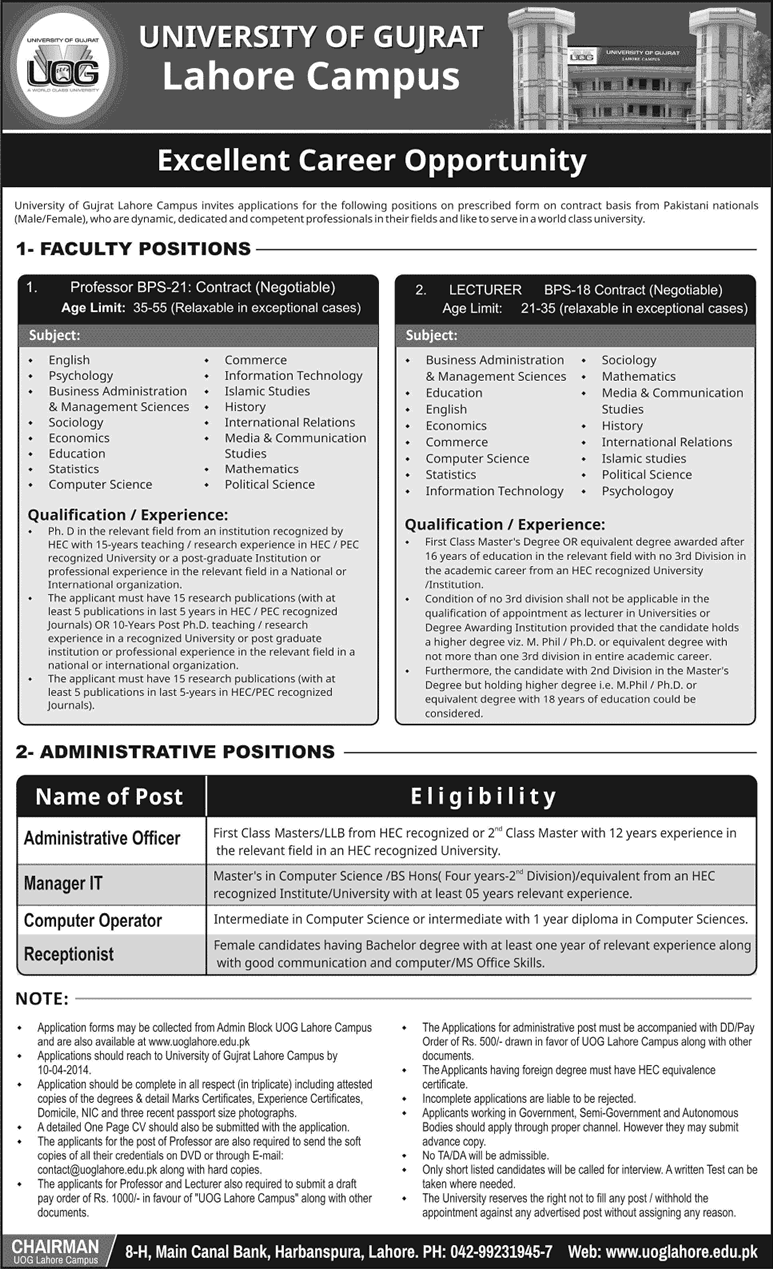 University of Gujrat Lahore Campus Jobs 2014 March / April for Teaching Faculty & Non-Teaching Staff