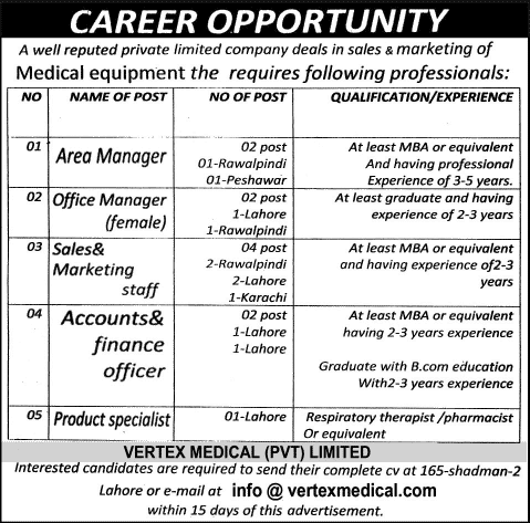 Vertex Medical (Pvt.) Limited Jobs 2014 March / April for Area / Office Managers, Sales & Marketing and Other Staff
