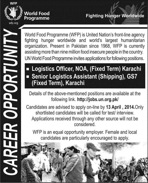 UN World Food Program Jobs in Pakistan 2014 March / April for Logistics Officer / Assistant