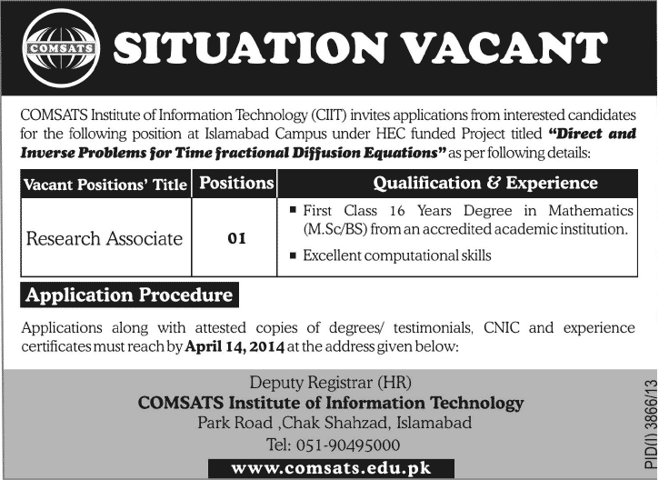 COMSATS Islamabad Jobs 2014 April for Research Associate