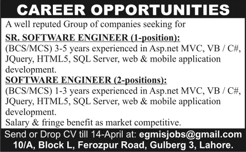 Software Engineering Jobs in Lahore 2014 April for a Group of Companies