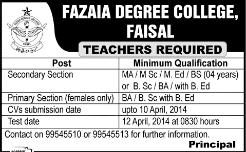Fazaia Degree College Faisal Karachi Jobs 2014 April for Teaching Staff