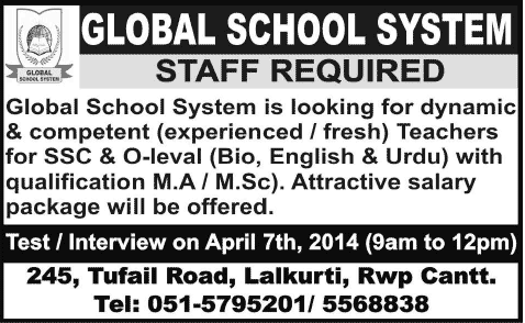 Latest Teaching Jobs at Global School System Rawalpindi 2014 April