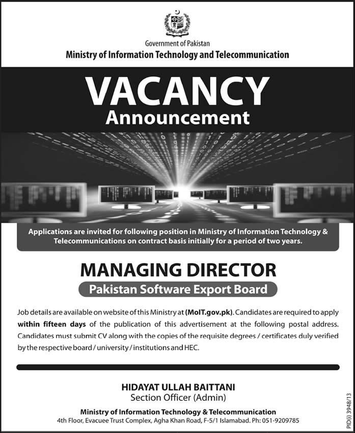 Pakistan Software Export Board Jobs 2014 April for Managing Director PSEB
