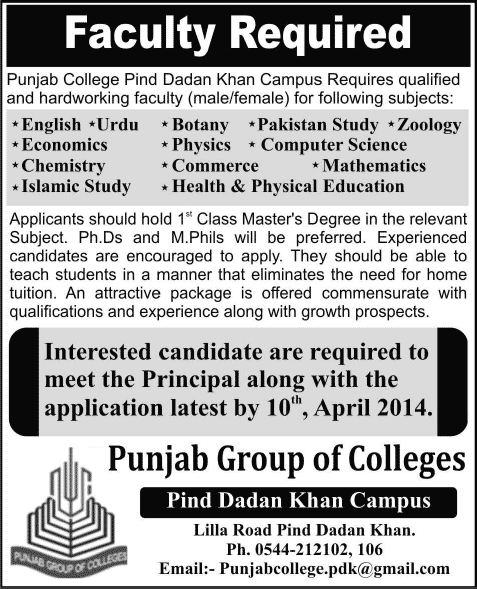 Punjab College Pind Dadan Khan Campus Jobs 2014 April for Teaching Faculty