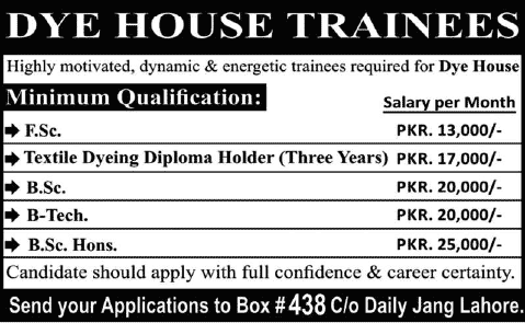 Latest Dye House Trainees Jobs in Lahore 2014 April