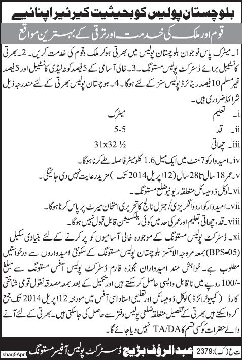 Constable Jobs in Balochistan Police 2014 April Latest Advertisement