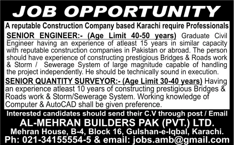Quantity Surveyor & Civil Engineering Jobs in Karachi 2014 April at Al-Mehran Builders Pak (Pvt.) Ltd