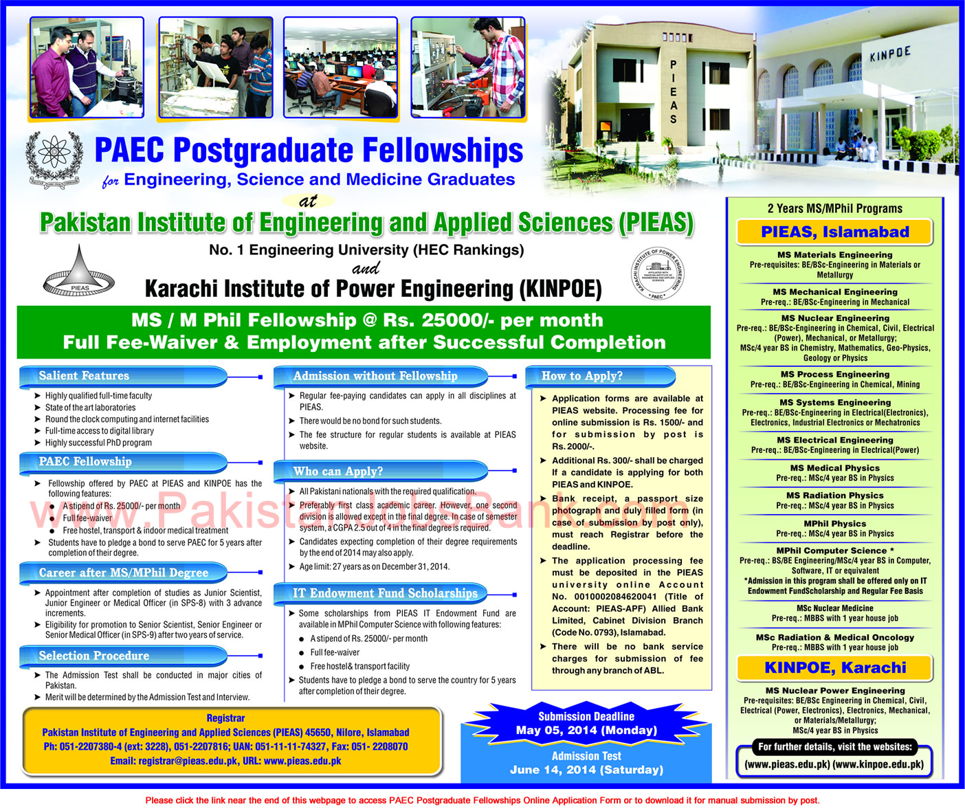 PAEC Postgraduate Fellowships 2014 Program PIEAS / KINPOE Advertisement Latest