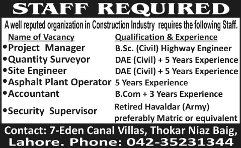 Civil Engineers, Accountant & Security Supervisor Jobs in Lahore 2014 April