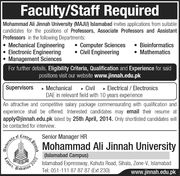MAJU Islamabad Jobs 2014 April for Teaching Faculty & Engineers
