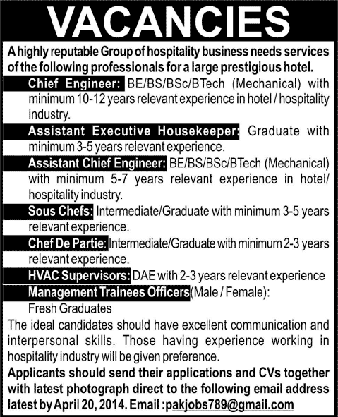Hotel Jobs in Lahore 2014 April for Mechanical Engineers, Chefs, Housekeeper & Manager Trainee Officers