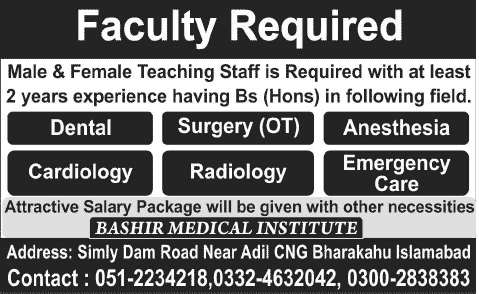Medical Teaching Faculty Jobs in Islamabad 2014 April at Bashir Medical Institute