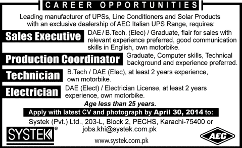 Systek Pvt. Ltd Karachi Jobs 2014 April for Sales Executive, Production Coordinator, Technician & Electrician