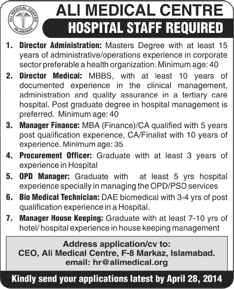 Ali Medical Centre Islamabad Jobs 2014 April for Administrative & Paramedical Staff