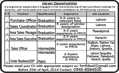 Purchase Officer, Sales and Marketing Jobs in Pakistan 2014 April for Dairy Products Manufacturing Company