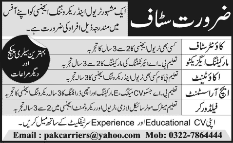Jobs in Lahore 2014 April for HR Assistant, Marketing Executive, Accountant, Field Worker & Counter Staff