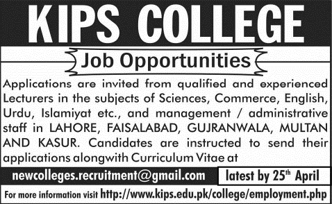 KIPS Colleges Jobs April 2014 for Teaching & Non-Teaching Staff