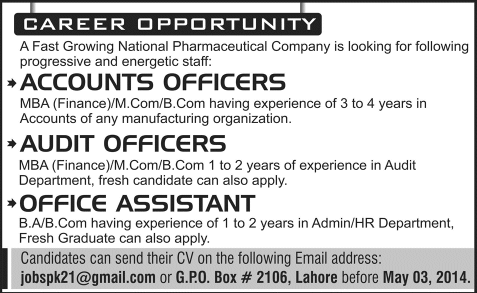 Accounts / Audit Officer & Office Assistant Jobs in Lahore 2014 April GPO Box 2106