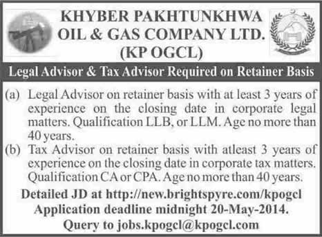 Khyber Pakhtunkhwa Oil & Gas Company Limited (KP OGCL) Jobs 2014 April-May for Legal Advisor & Tax Advisor