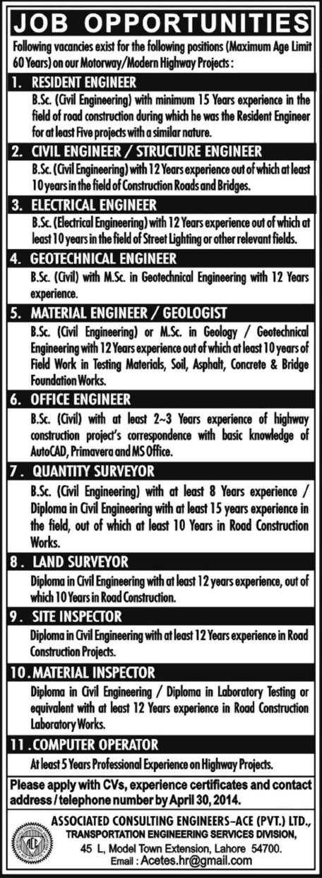 Associated Consulting Engineers Jobs 2014 April-May for Civil / Electrical / Geotechnical Engineers & Computer Operator