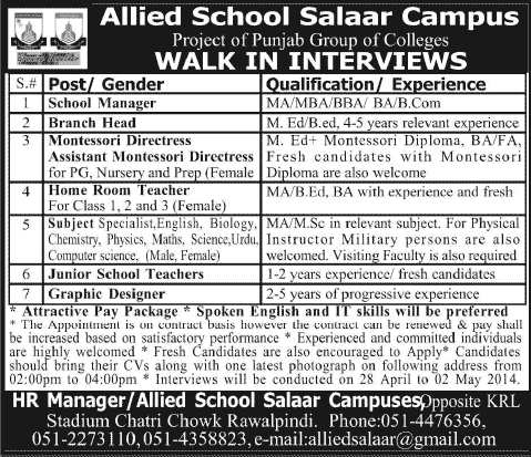 Allied School Salaar Campus Rawalpindi Jobs 2014 April-May for Teaching & Non-Teaching Staff