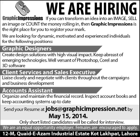 Graphic Designers, Sales Executive & Accounts Assistant Jobs in Lahore 2014 April-May at Graphic Impressions