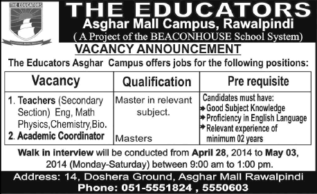 The Educators Rawalpindi Jobs 2014 April-May for Teaching Staff & Academic Coordintor