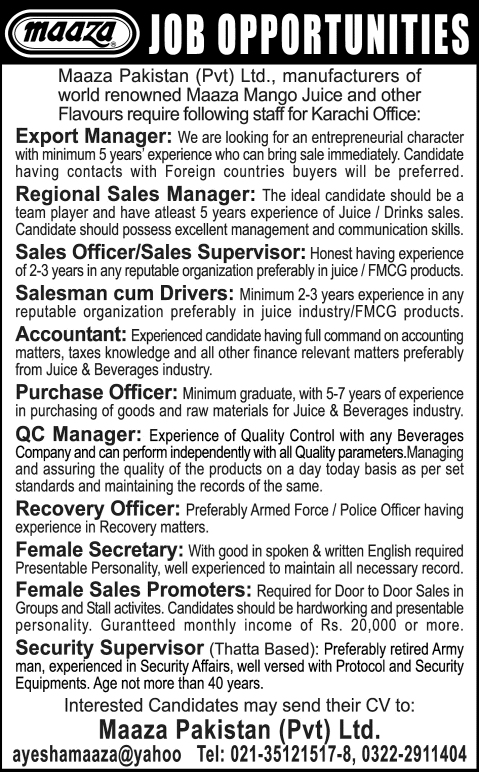 Maaza Pakistan 2014 April-May for Sales & Administrative Staff