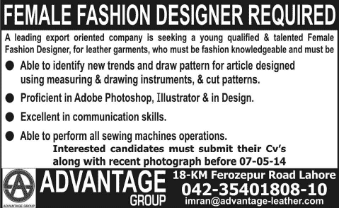 Fashion Designer Jobs in Lahore 2014 April-May at Advantage