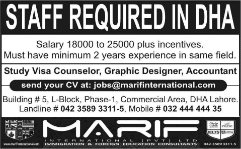 Marif International Lahore Jobs 2014 April-May for Study Visa Counselor, Graphic Designer  & Accountant