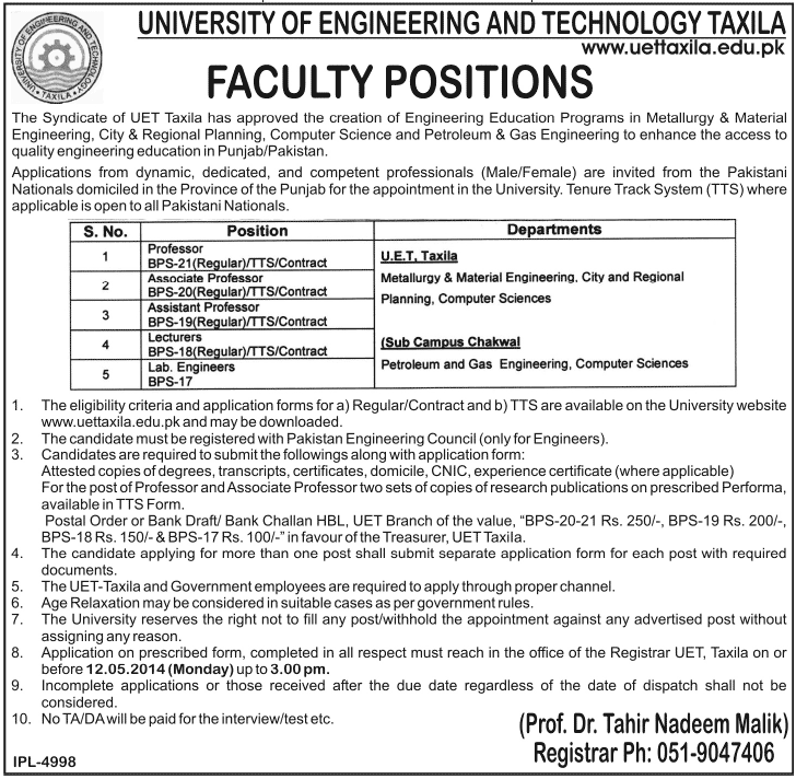 UET Jobs 2014 May for Teaching Faculty & Lab Engineers