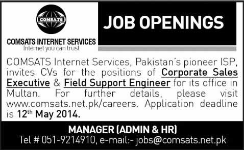 COMSATS Internet Services Multan Jobs 2014 May for Corporate Sales Executive & Field Support Engineer