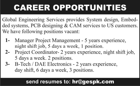 Project Manager / Coordinator & Electronics Engineering Jobs in Lahore 2014 May at Global Engineering Services