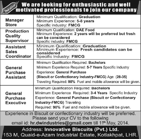 Innovative Biscuits Jobs 2014 May for Manager Store, Food Technologist, Sales & Purchase Staff
