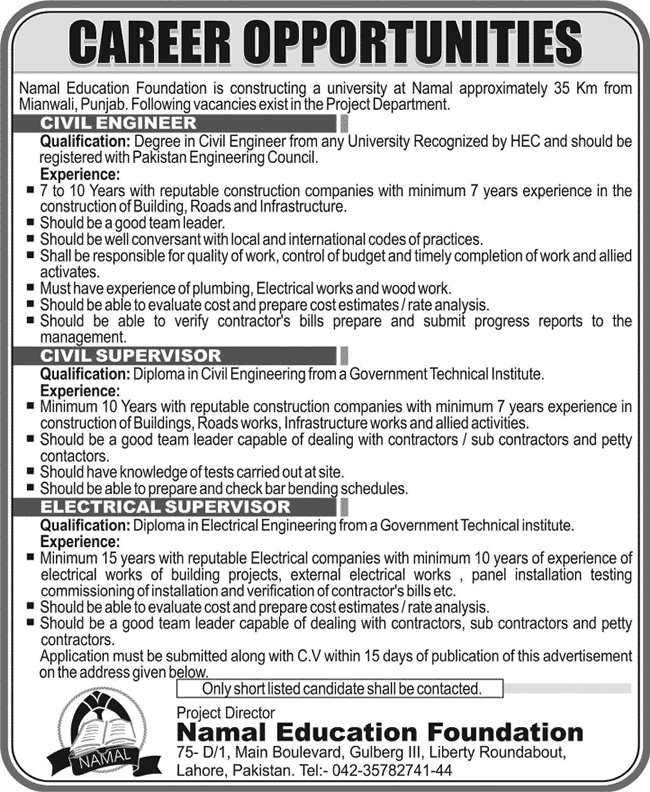 Civil & Electrical Engineering Jobs in Mianwali 2014 May at Namal Education Foundation