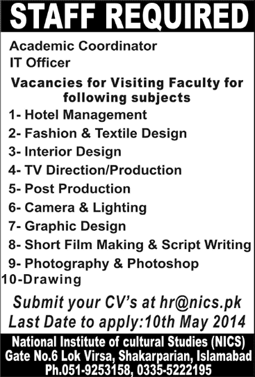National Institute of Cultural Studies (NICS) Islamabad Jobs 2014 May for Teaching Faculty & Non-Teaching Staff