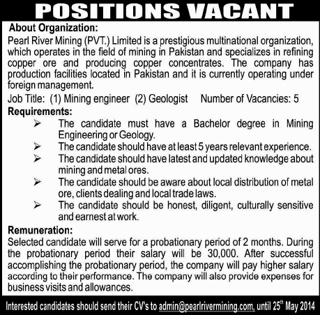 Mining Engineer & Geologist Jobs in Pakistan 2014 May at Pearl River Mining (Pvt.) Limited