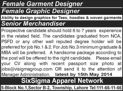 Garment Designer, Graphic Designer & Senior Merchandiser Jobs in Lahore 2014 May at Sixsigma Apparel Network