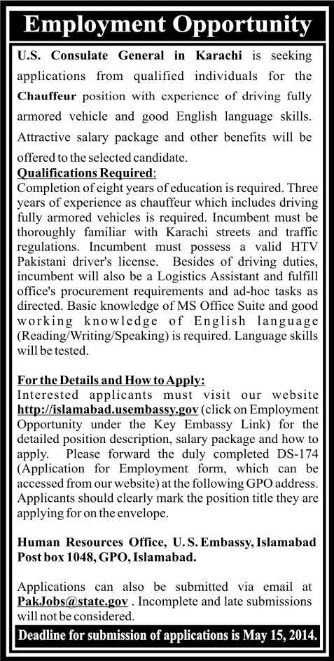 US Embassy Jobs 2014 May for Chauffeur