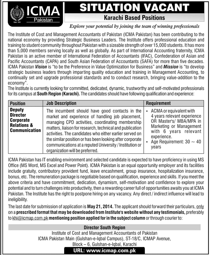 ICMA Pakistan Jobs 2014 May for Deputy Director Corporate Relations & Communication