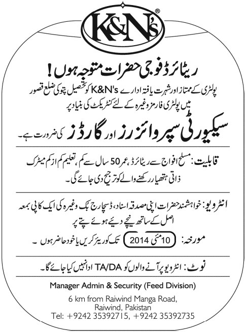 K&Ns Jobs in Pakistan 2014 May for Security Supervisors & Guards
