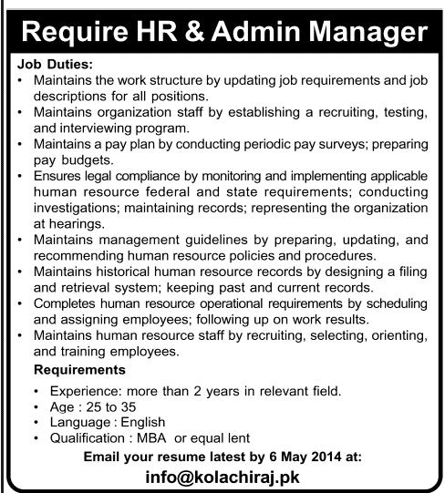 Latest HR / Admin Managers Jobs in Karachi 2014 May at kolachiraj