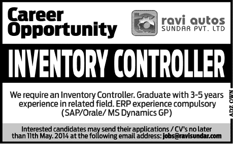 Inventory Controller Jobs in Lahore 2014 May at Ravi Autos Sunder Pvt. Ltd