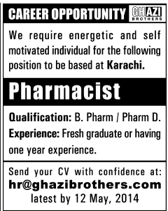 Pharmacist Jobs in Karachi 2014 May at Ghazi Brothers