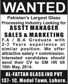 Assistant Manager Sales & Marketing Jobs in Lahore 2014 May at Al-Fattah Glass Industry